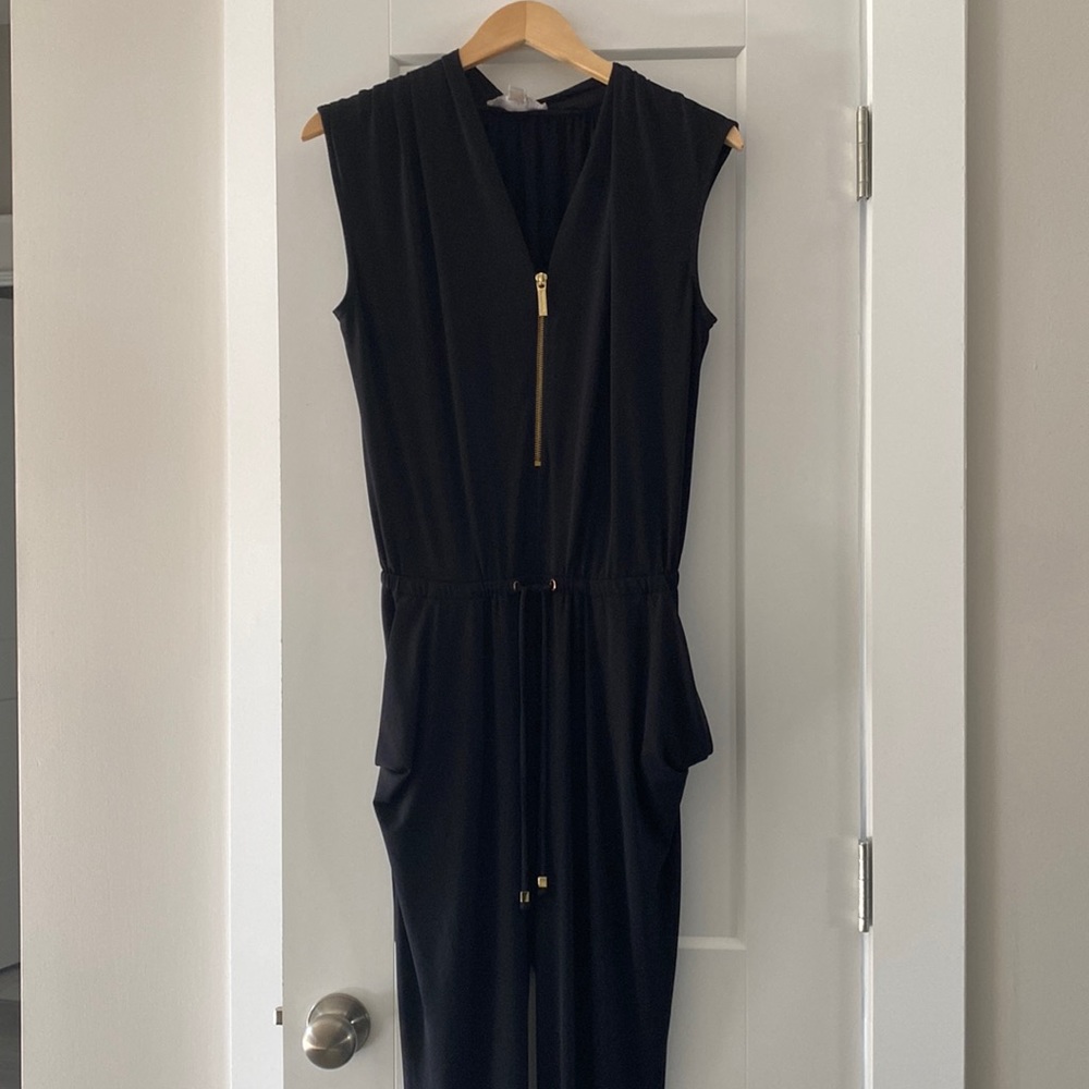 Michael Kors Black Stretchy Jumpsuit with Gold Zipper Detailing Size Small